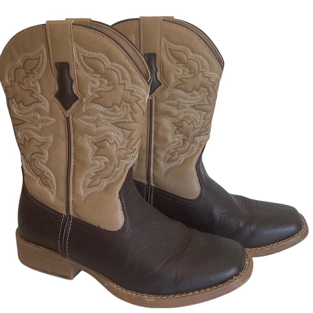 Roper Mens Western Cowboy Boots Faux Leather Brown Tan Square Toe Size 8